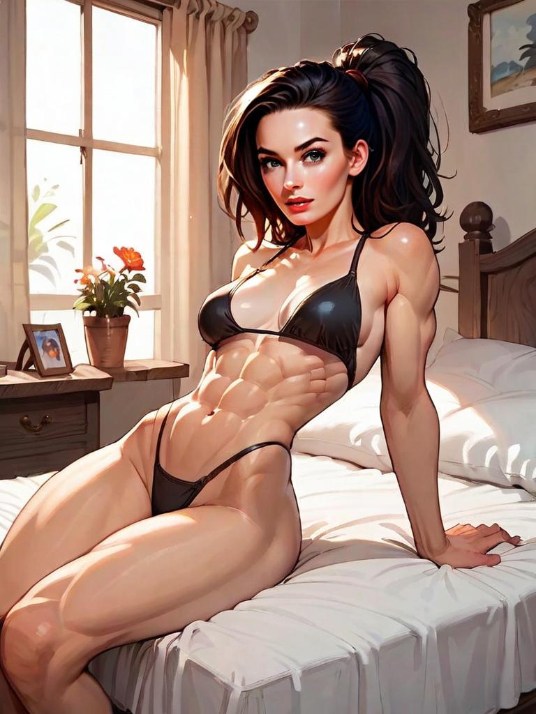 Muscular Woman in Black Bikini Digital Illustration on Bed