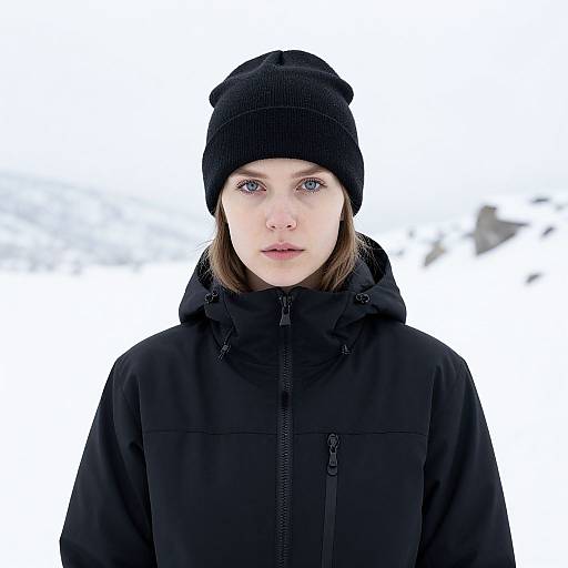 Portrait of Woman in Black Winter Apparel in Snowy Landscape