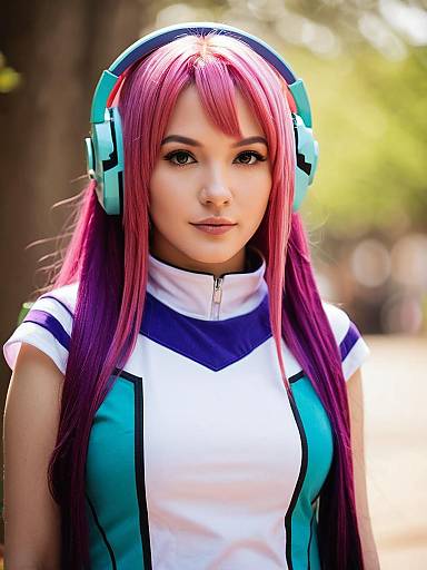 Eureka Seven Inspired Woman in Colorful Cosplay with Headphones
