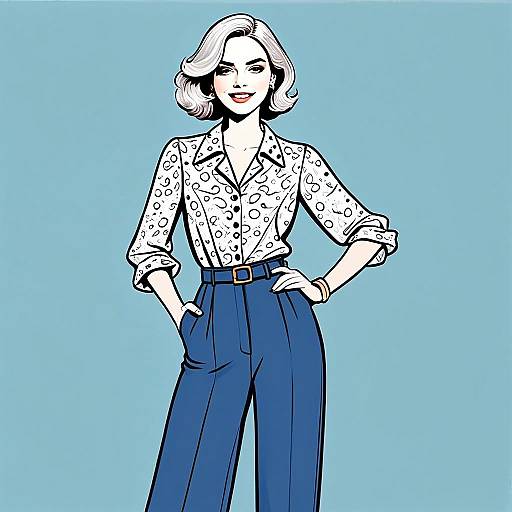 Stylish Woman in Patterned Shirt and Blue Trousers Illustration