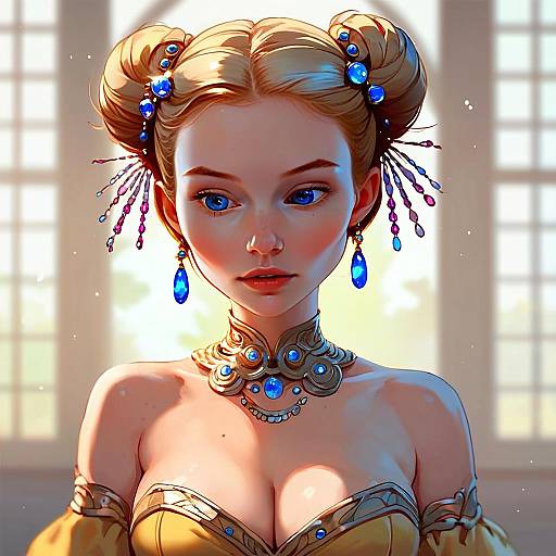 Fantasy Digital Portrait of Blonde Woman with Blue Jewels and Elegant Dress