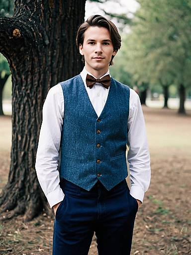 Casual Prom Outfit for Man with Blue Vest and Bow Tie Outdoors