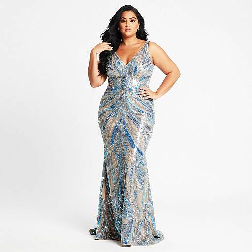 Elegant Sequined Blue and Silver Evening Gown on Plus Size Woman