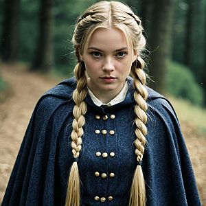 Young Woman in Blue Cloak on Forest Path