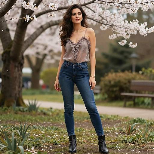 Petite Woman in Bohemian Chic Sheer Taupe Ruffled Camisole and Blue Jeans Outdoors
