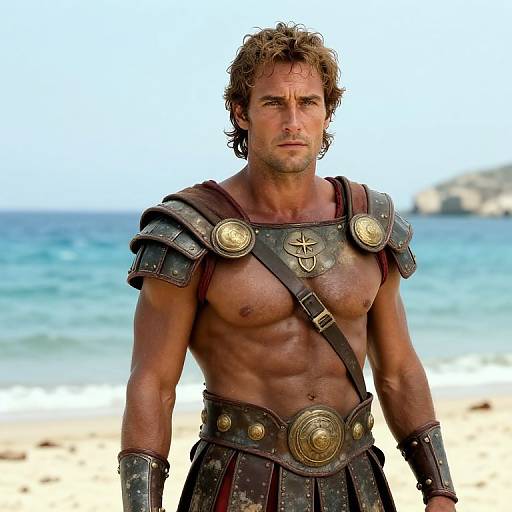 Man in Ancient Warrior Armor on Beach