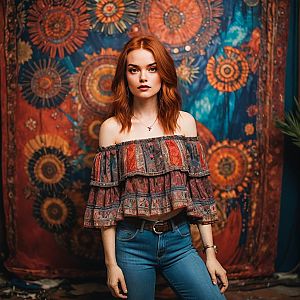 Confident Young Woman in Bohemian Tapestry