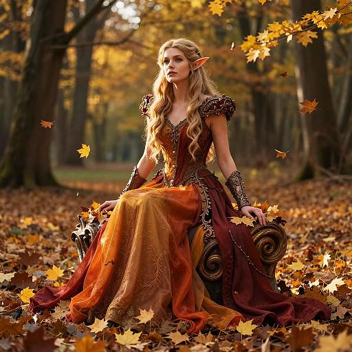 Fantasy Elf Woman in Autumn Forest with Elaborate Costume