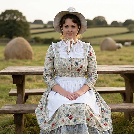 Woman in Traditional 19th Century Dress Sitting on Picnic Bench in Countryside