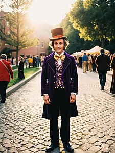 Man in Classic Willy Wonka Costume Outdoor Cosplay Photo Golden Hour Lighting