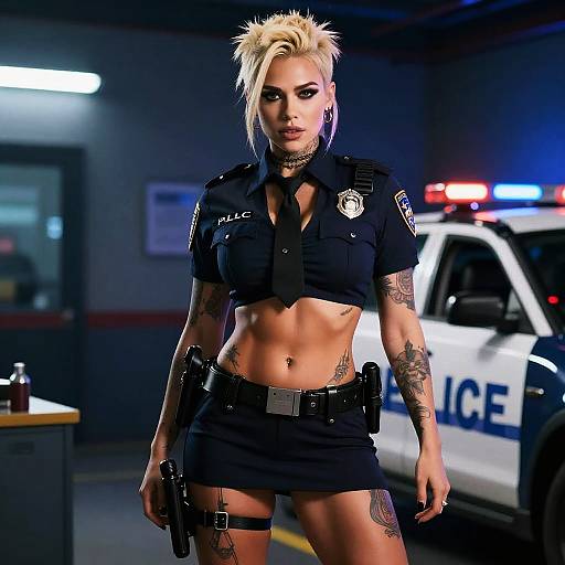 Edgy Young Woman in Modern Police Uniform Standing by Police Car