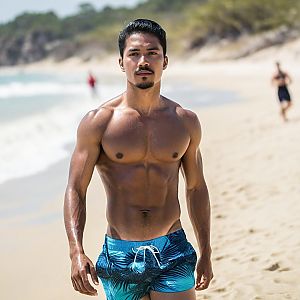 Confident Man on Beach in Swim Trunks