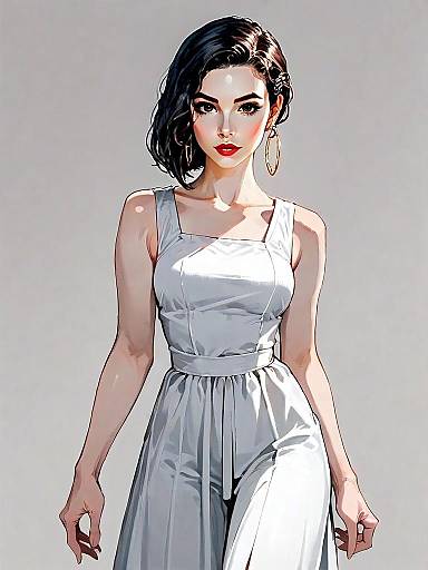Realistic Comic Style Illustration of Woman in Minimalist White Dress Full Body