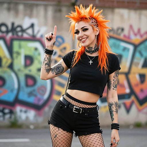 Punk Woman with Orange Spiked Hair and Tattoos in Urban Graffiti Setting