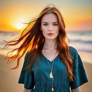 Red-Haired Woman in Teal Dress on Beach at Sunset