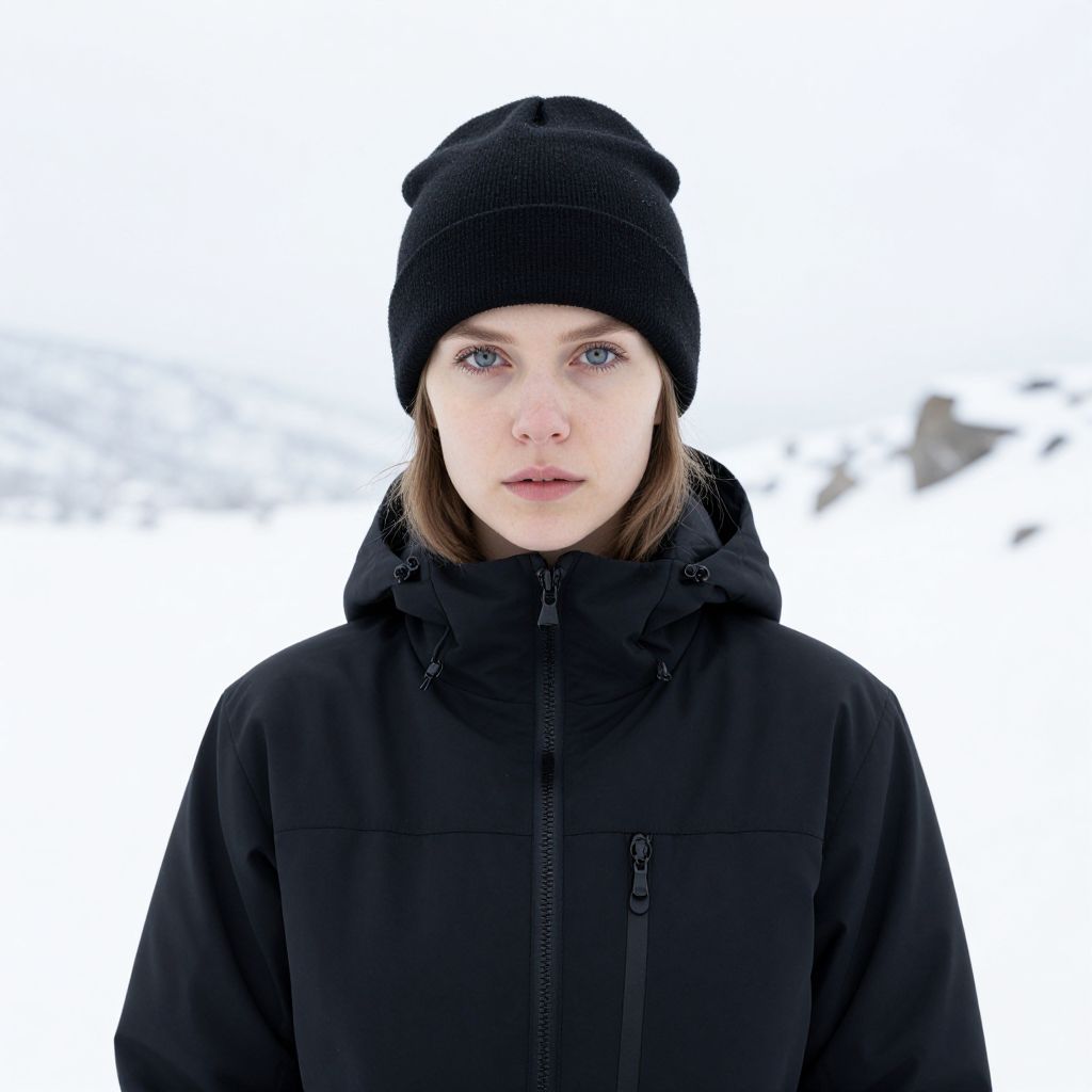 Portrait of Woman in Black Winter Apparel in Snowy Landscape