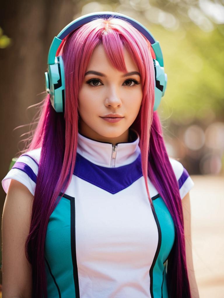 Eureka Seven Inspired Woman in Colorful Cosplay with Headphones