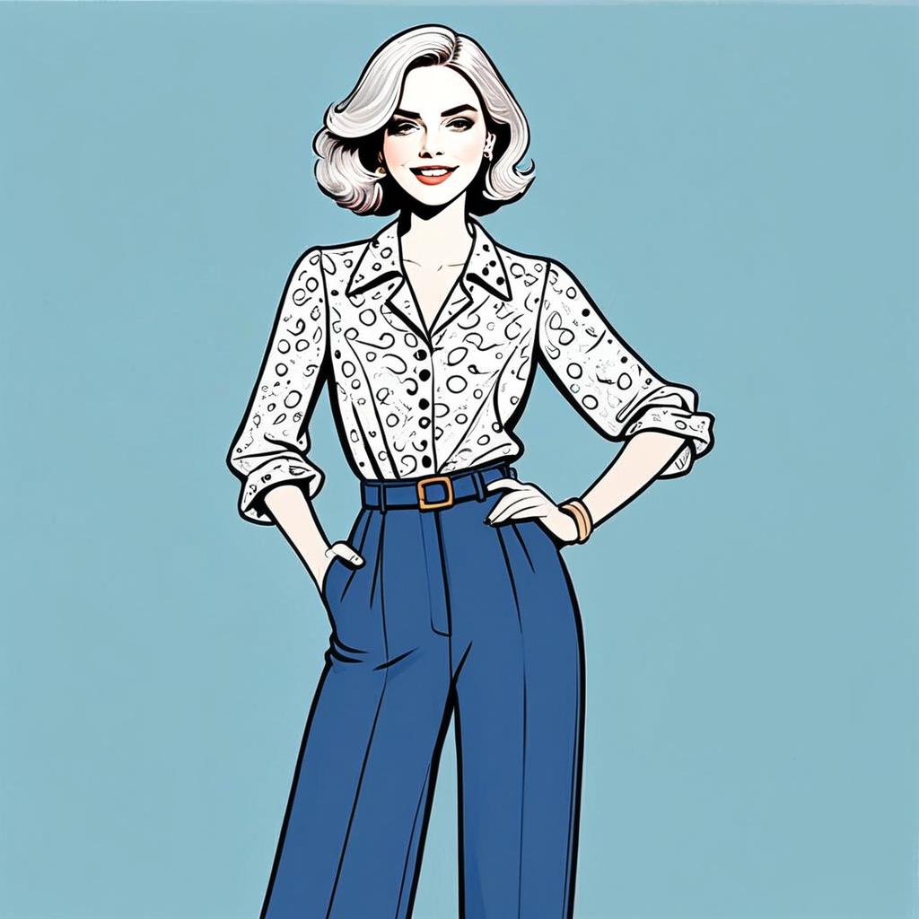 Stylish Woman in Patterned Shirt and Blue Trousers Illustration