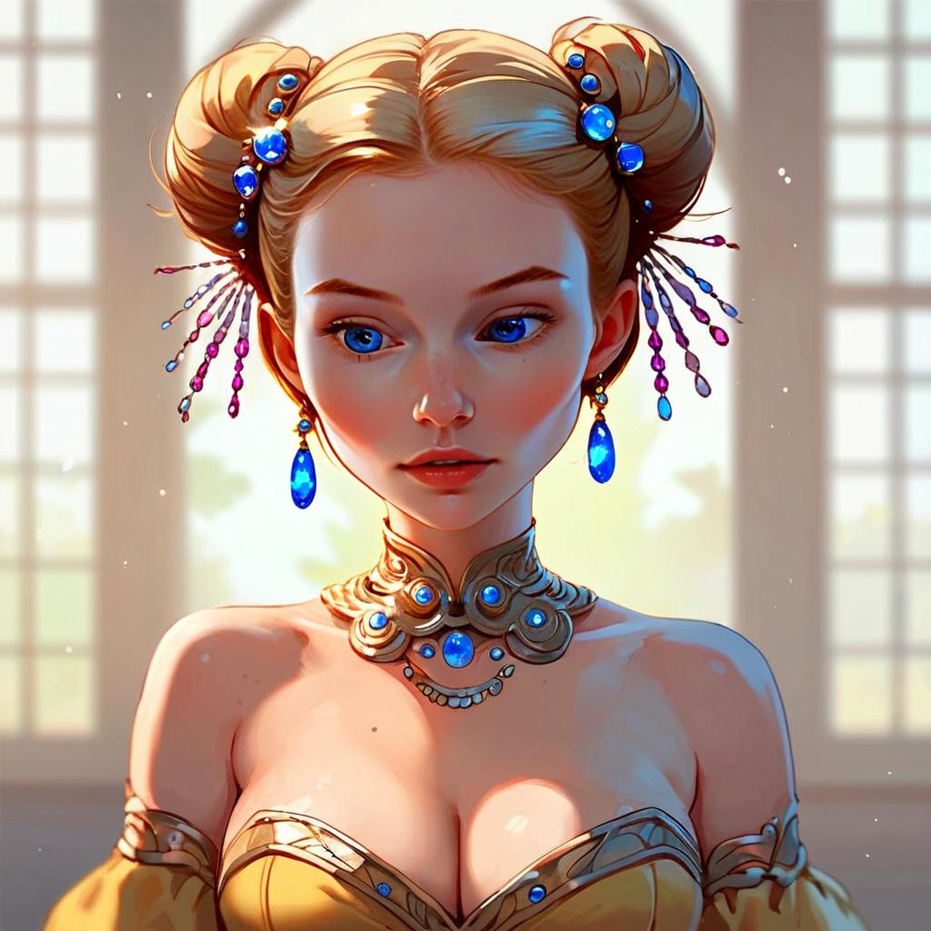 Fantasy Digital Portrait of Blonde Woman with Blue Jewels and Elegant Dress