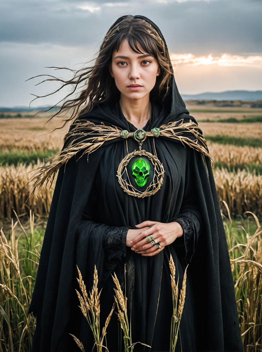 Woman in Black Cloak with Green Skull Emblem