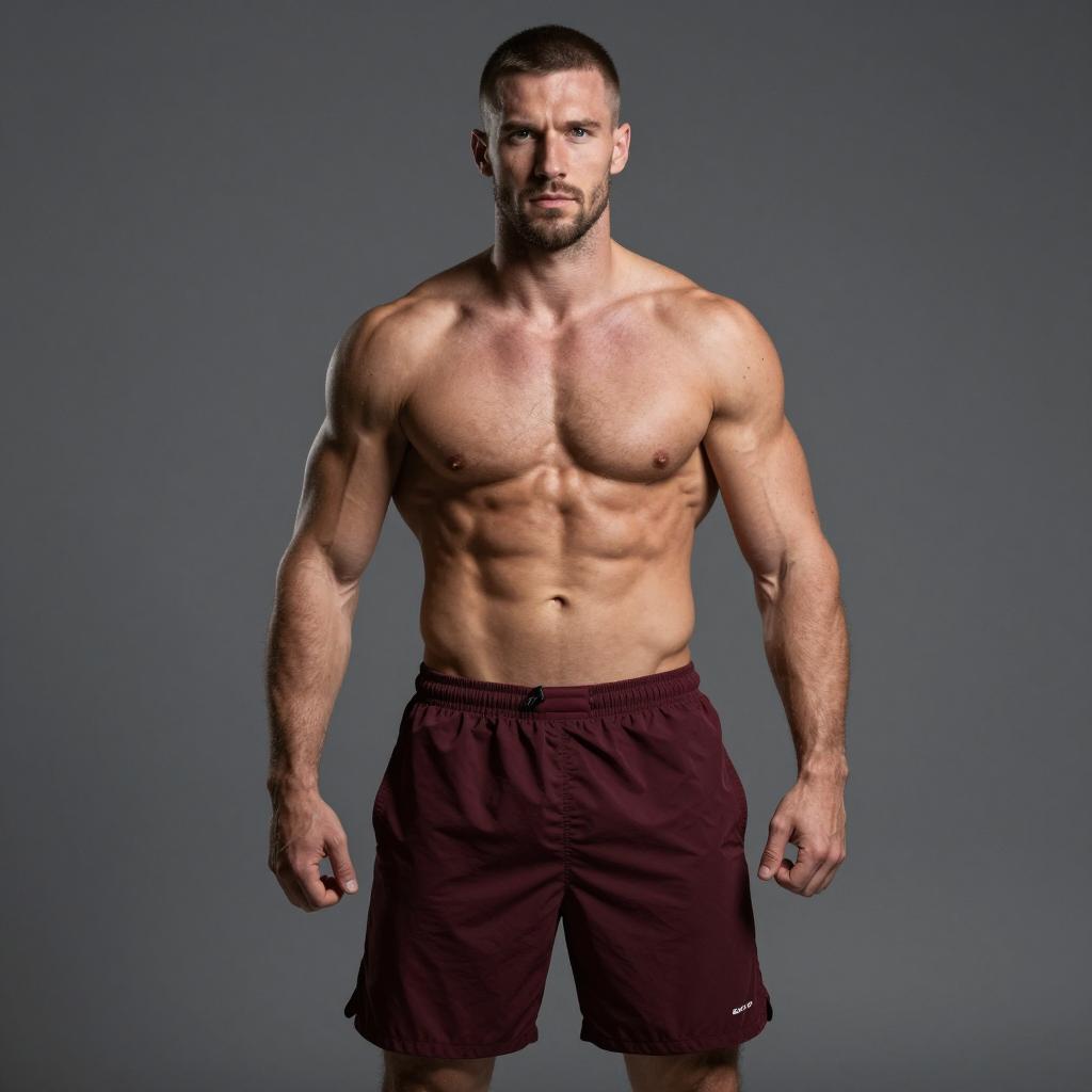 Muscular Man in Maroon Shorts Fitness Studio Portrait