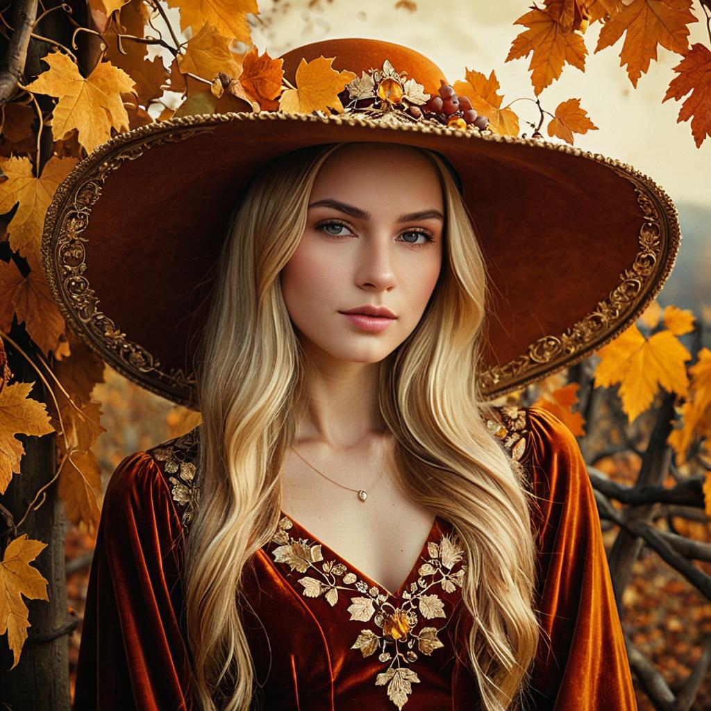 Elegant Woman in Autumn Velvet Dress and Wide-Brimmed Hat Among Fall Leaves
