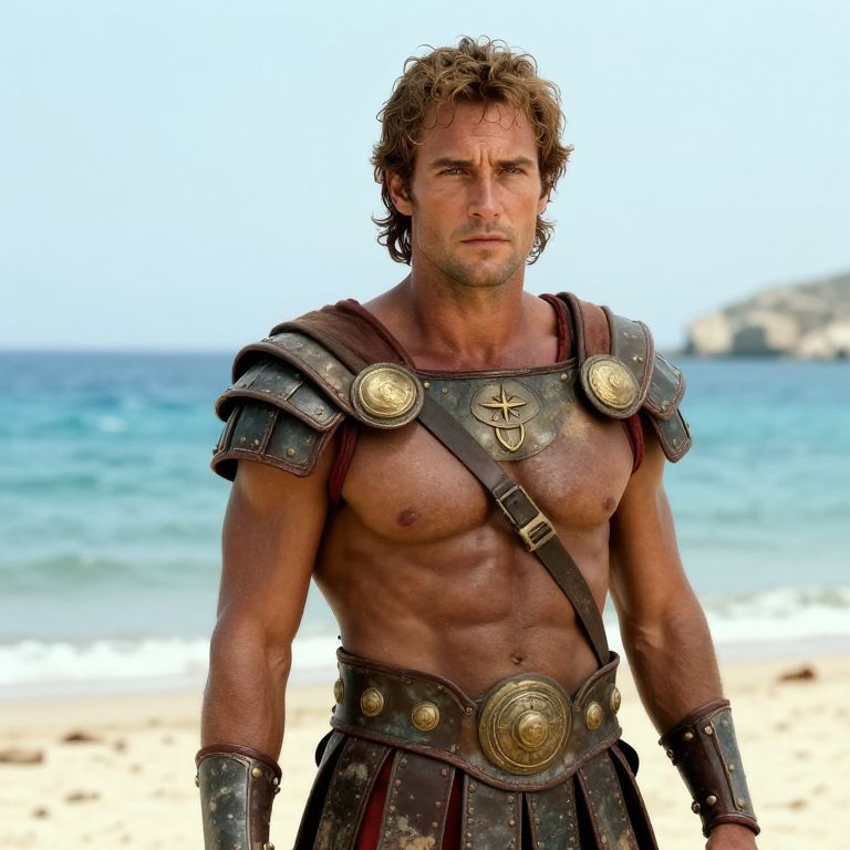 Man in Ancient Warrior Armor on Beach