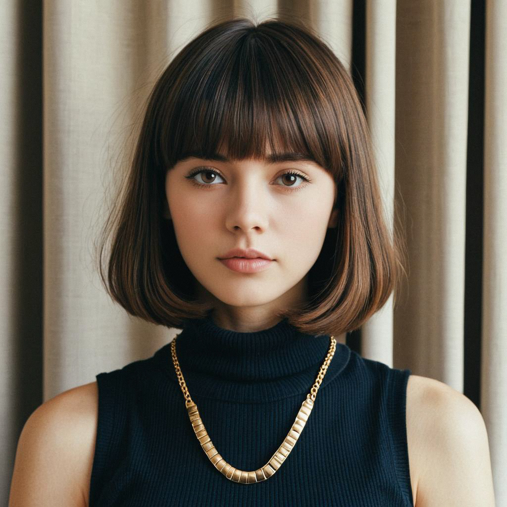 Young Woman with Brown Bob and Curtain Bangs