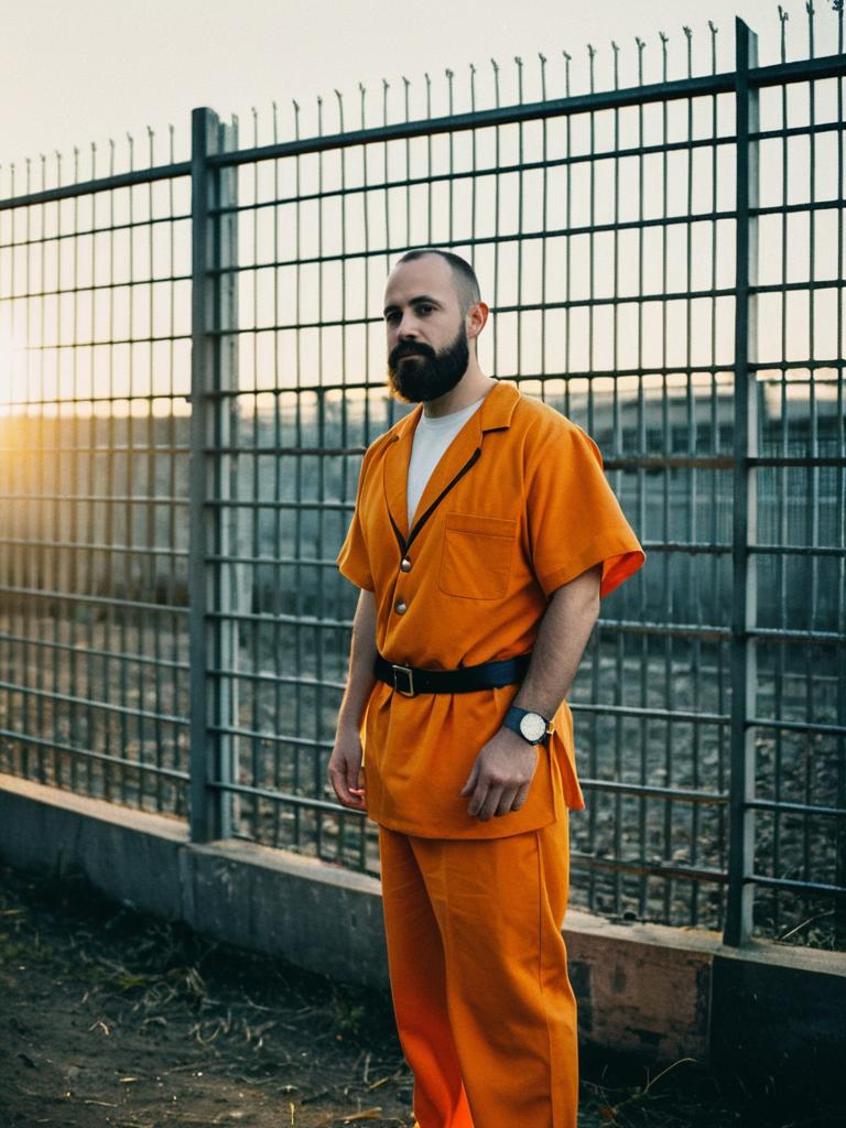 Man in Orange Prison Costume Outdoor Photorealistic Cosplay Photo
