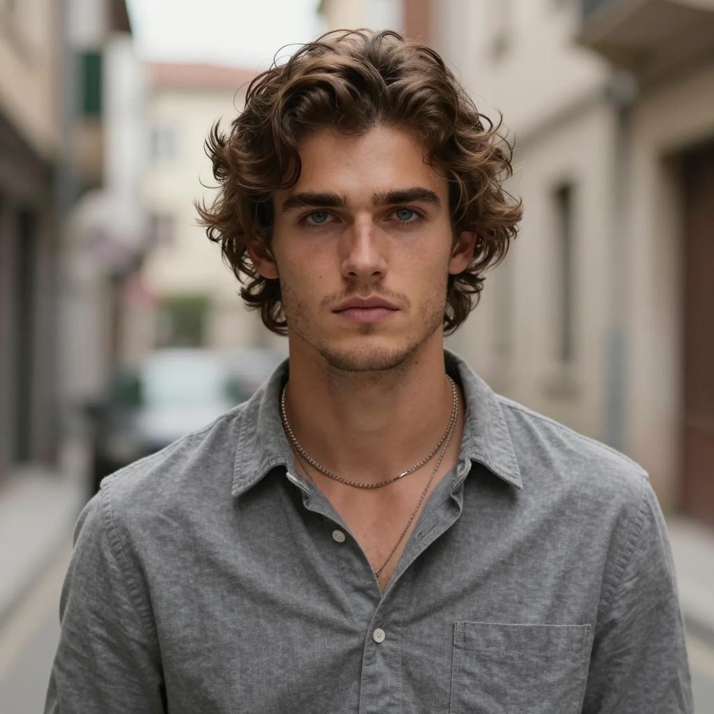Portrait of Young Man with Wavy Hair in Urban Street Setting