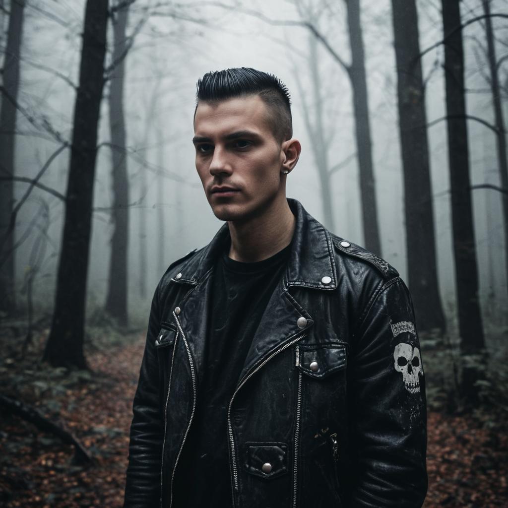 Young man in leather jacket in misty forest