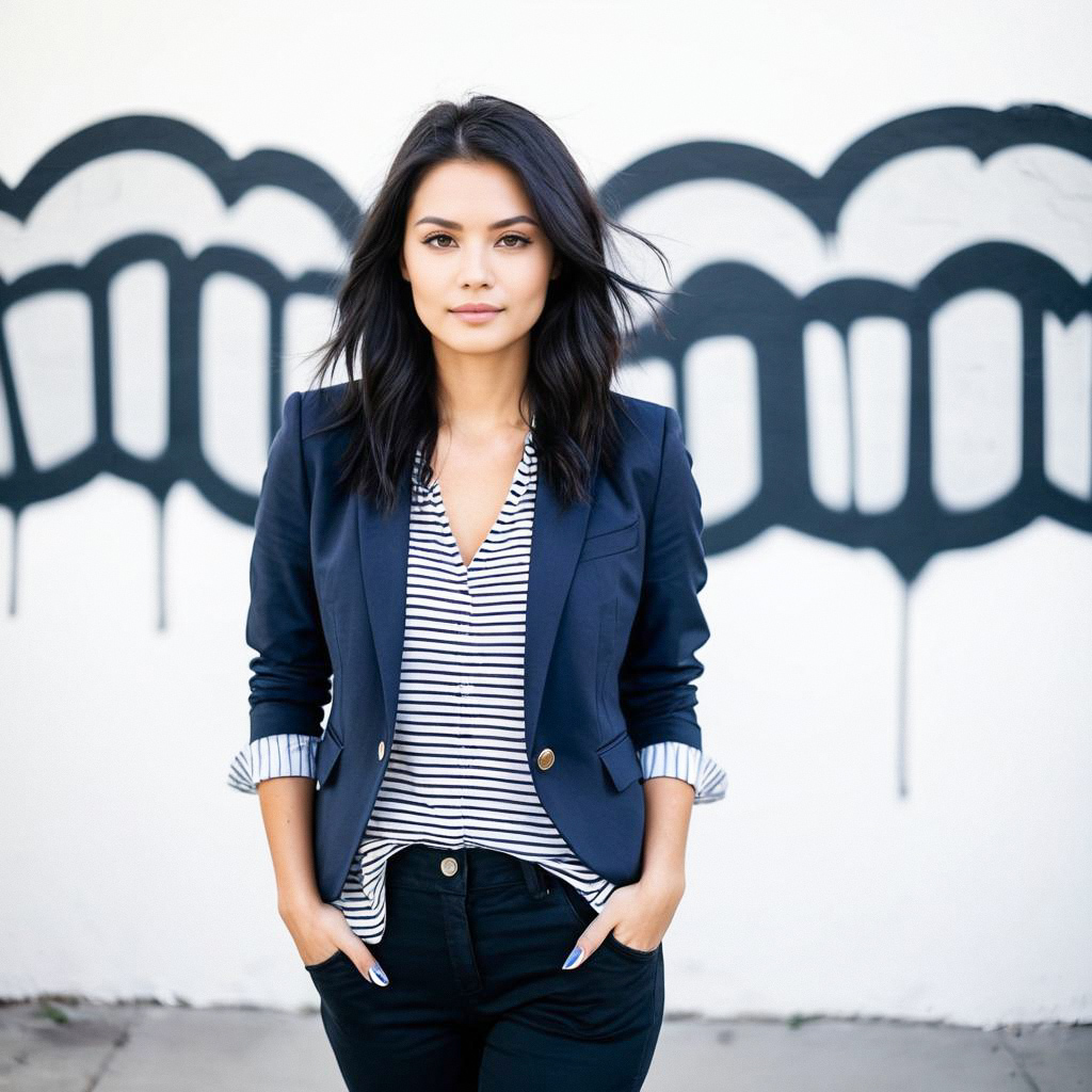 Confident Woman in Navy Blazer Against Graffiti Wall Confident Woman in Navy Blazer Against Graffiti Wall