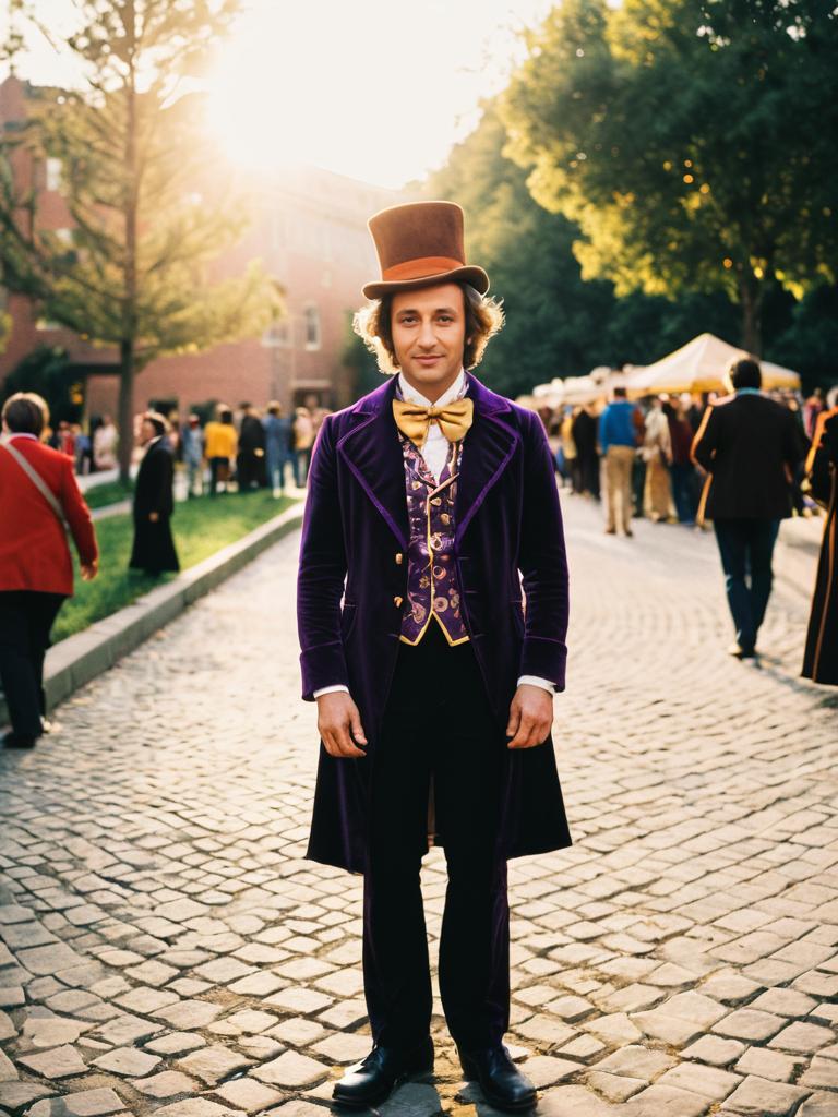 Man in Classic Willy Wonka Costume Outdoor Cosplay Photo Golden Hour Lighting