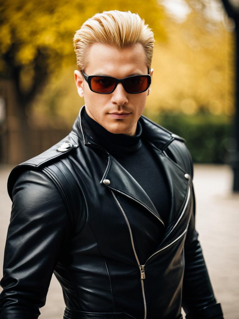 Stylish Man in Black Leather Jacket and Sunglasses with Blonde Hair