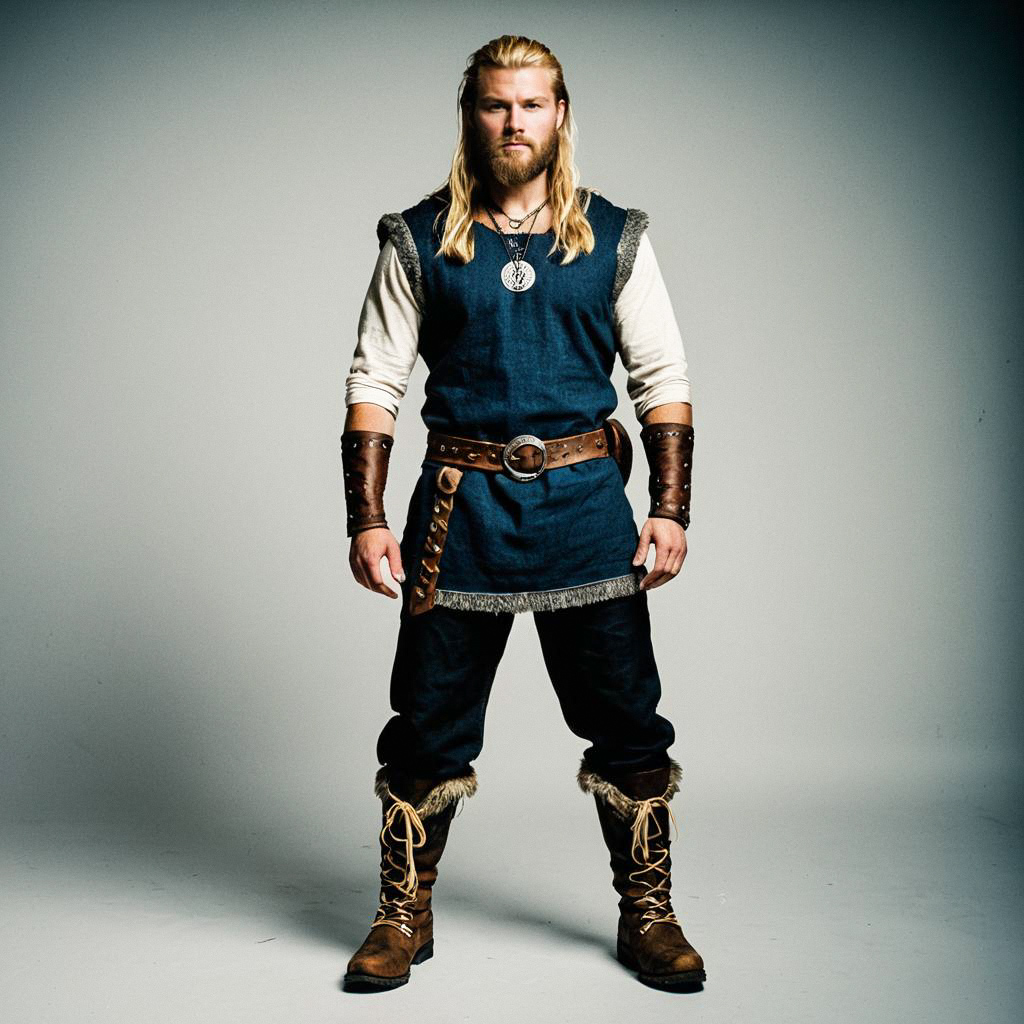 Modern Viking-inspired Man in Blue Tunic Modern Viking-inspired Man in Blue Tunic