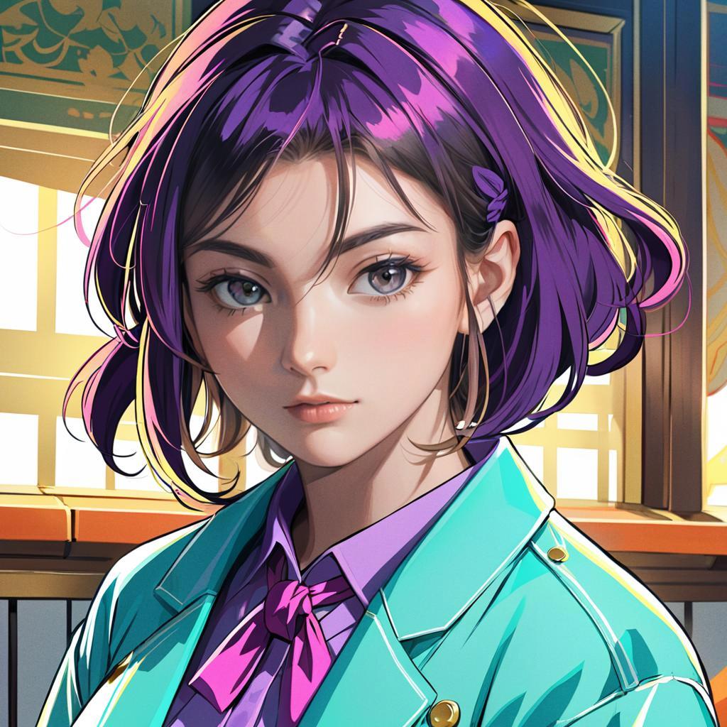 Anime-style portrait of a woman with purple hair in teal jacket