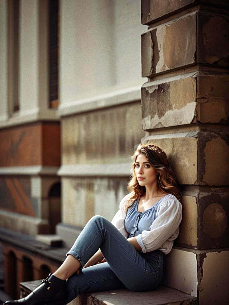 Young Woman Against Textured Stone Wall