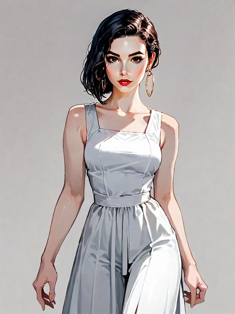Realistic Comic Style Illustration of Woman in Minimalist White Dress Full Body