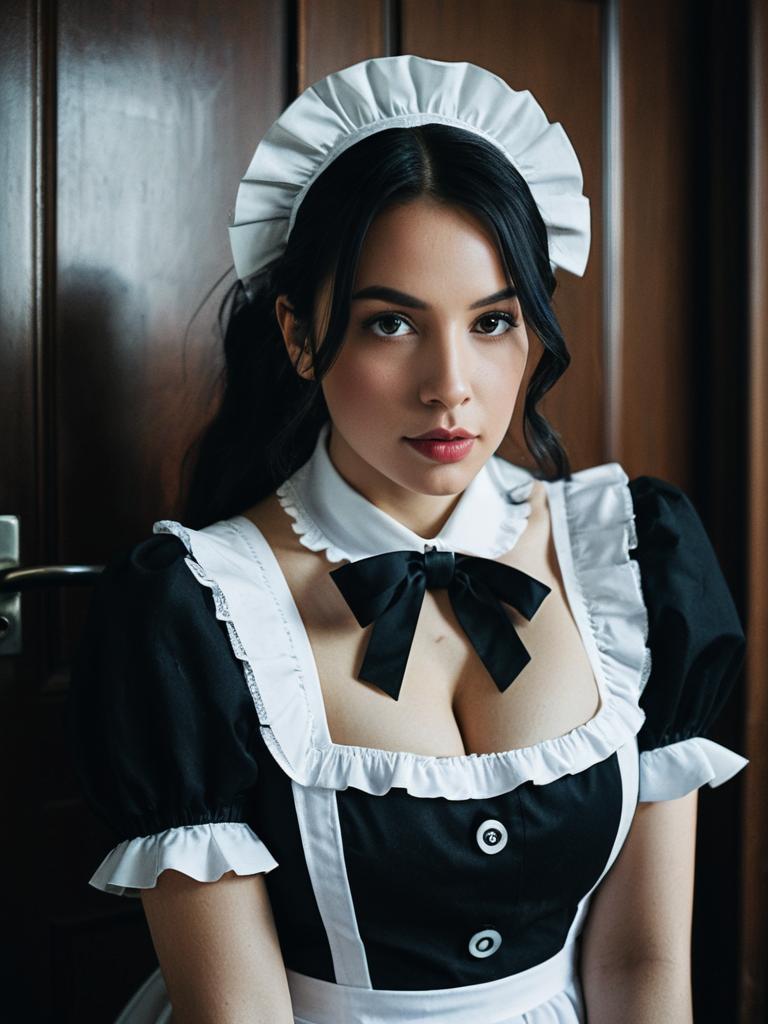 Photorealistic Woman in Lockable Maid Costume Dramatic Cosplay Portrait Photorealistic Woman in Lockable Maid Costume Dramatic Cosplay Portrait