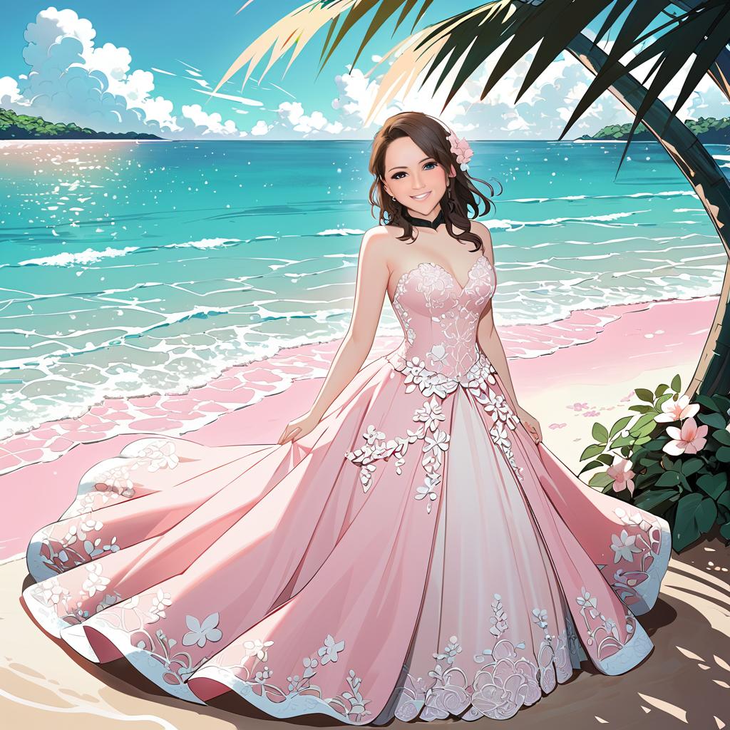 Anime Woman in Pink Dress on Vibrant Beach