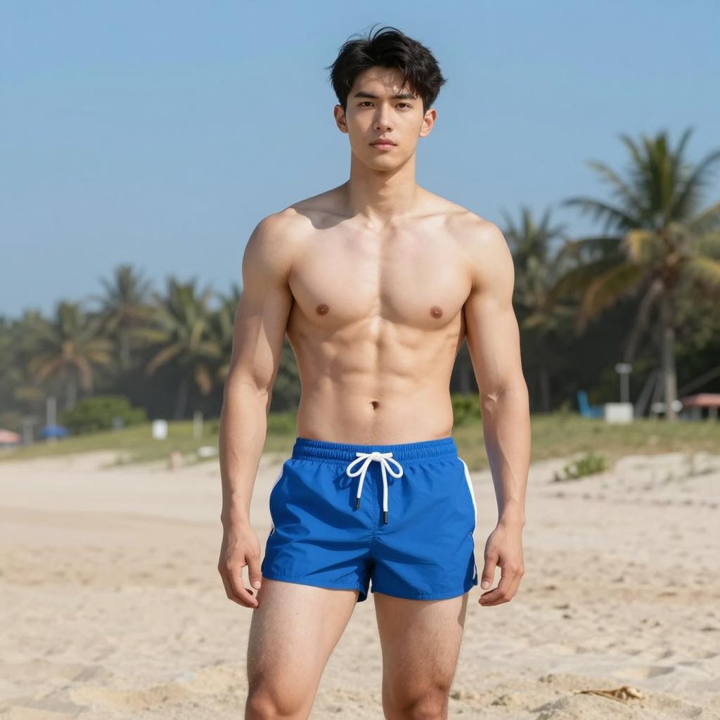 Fit Young Man in Blue Swim Shorts on Tropical Beach