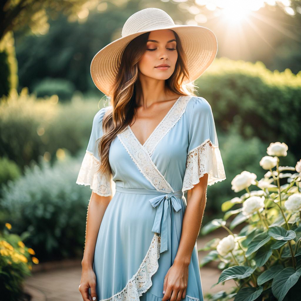 Woman in Light Blue Wrap Dress in Sunlit Garden Woman in Light Blue Wrap Dress in Sunlit Garden