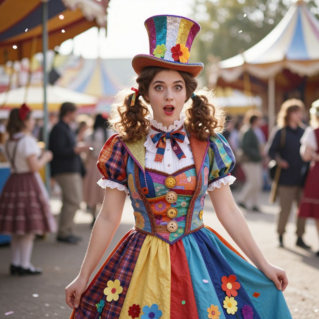 Colorful Clown Costume Woman at Outdoor Carnival Festival