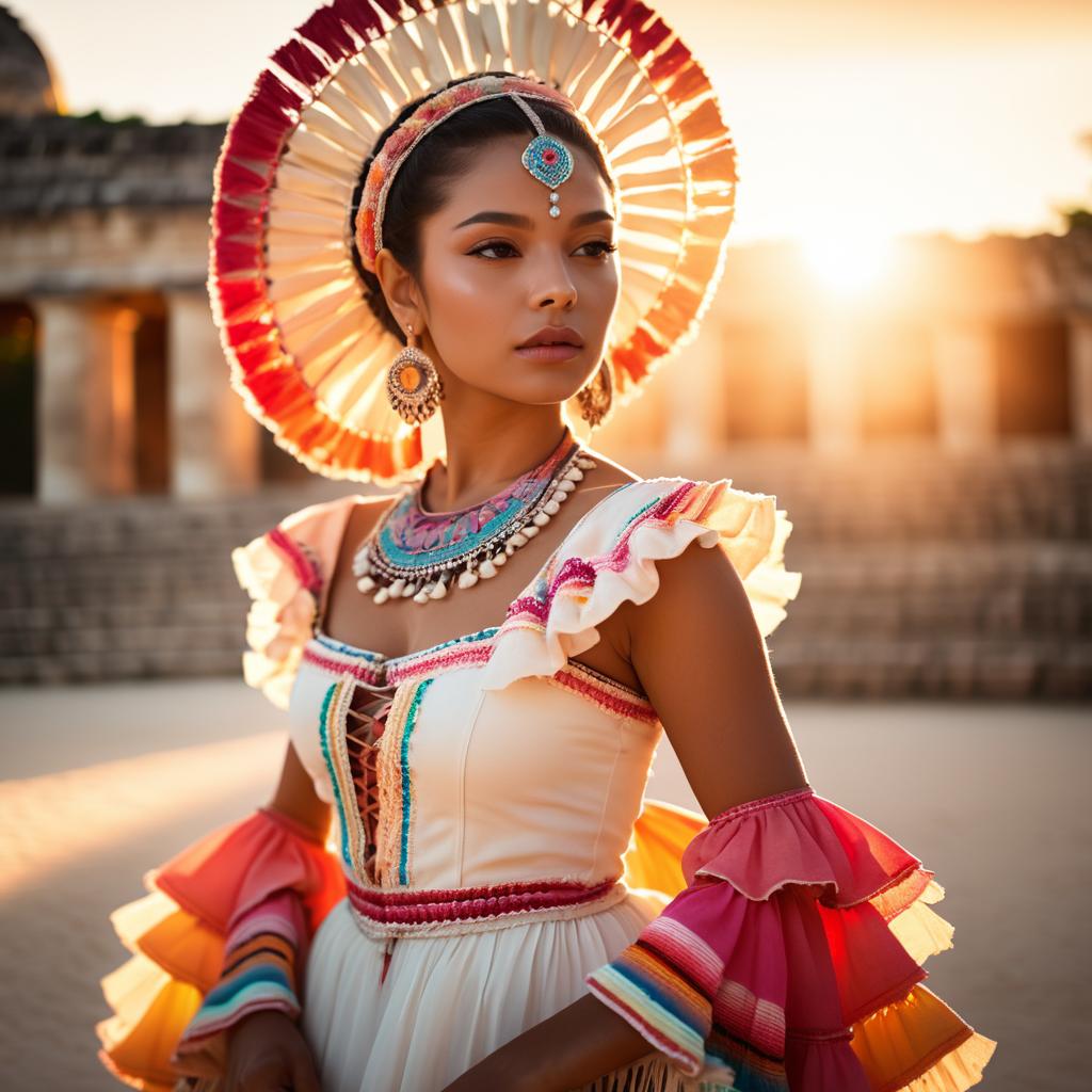 Woman in Vibrant Traditional Attire with Headdress at Golden Hour