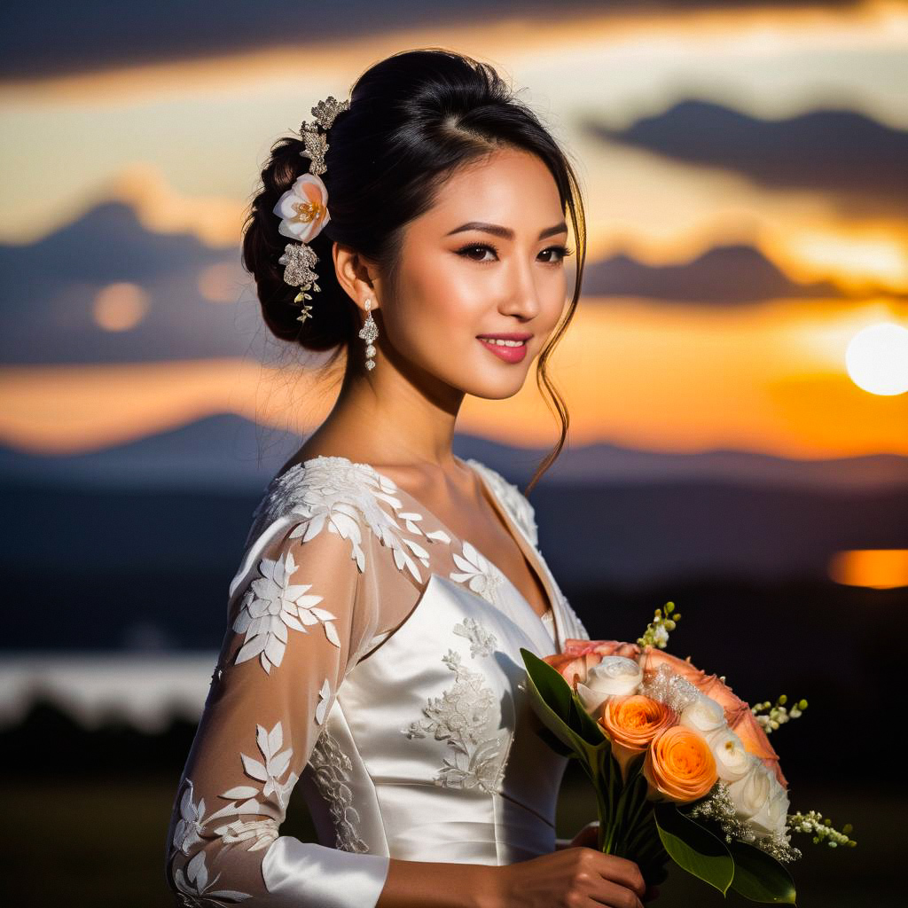 Bride in White Lace Dress at Sunset