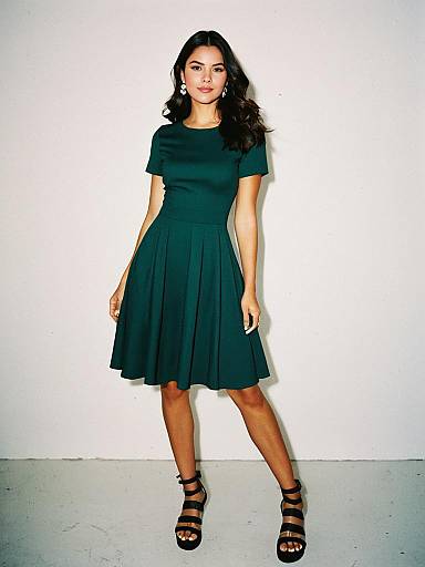 Woman in Casual Style Emerald Green Skater Dress with Short Sleeves
