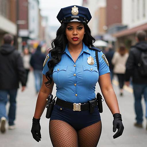 Confident Woman in Bold Police Officer Costume on City Street