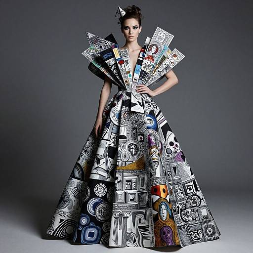 Avant-Garde Sculptural Gown with Surrealist Art Patterns