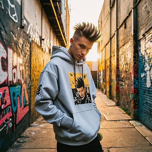 Urban Street Style Young Man with Spiked Hair and Graffiti Background