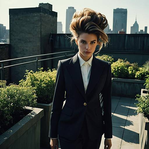Confident Woman in Tailored Black Suit on Urban Rooftop